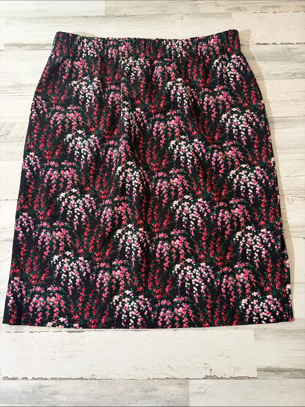 J. Crew Factory Black Midi Skirt with Pink & Red Floral Print